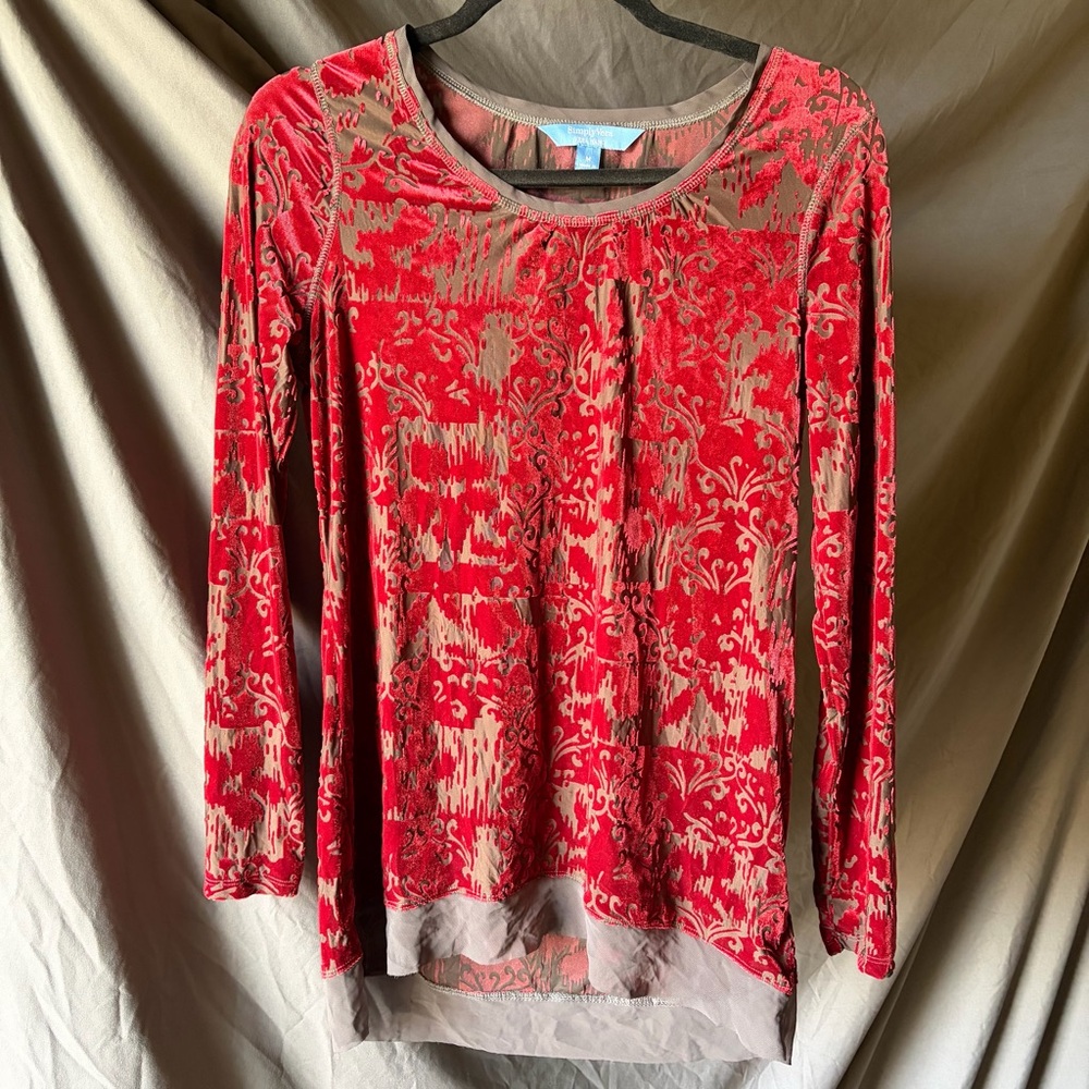 SIMPLY VERA WANG | Red Black Burnout Velvet Long Sleeve Sheer Top Whimsigoth MED